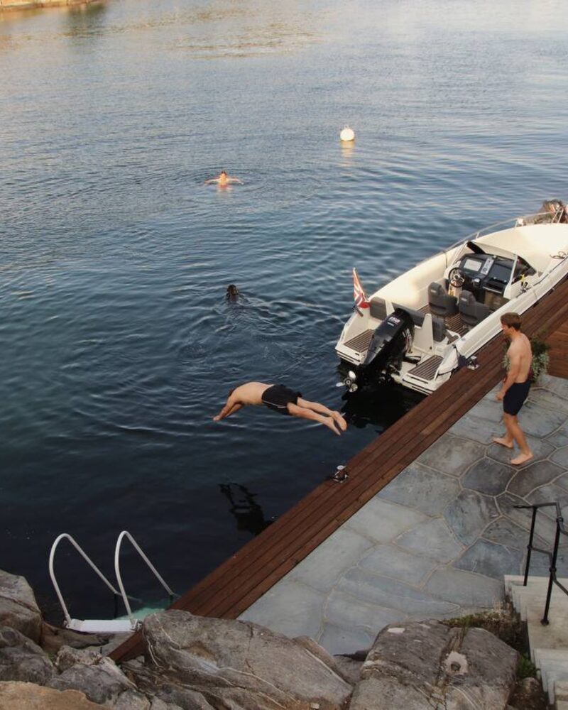 Sommermotiv med bading fra en brygge ved sjøen